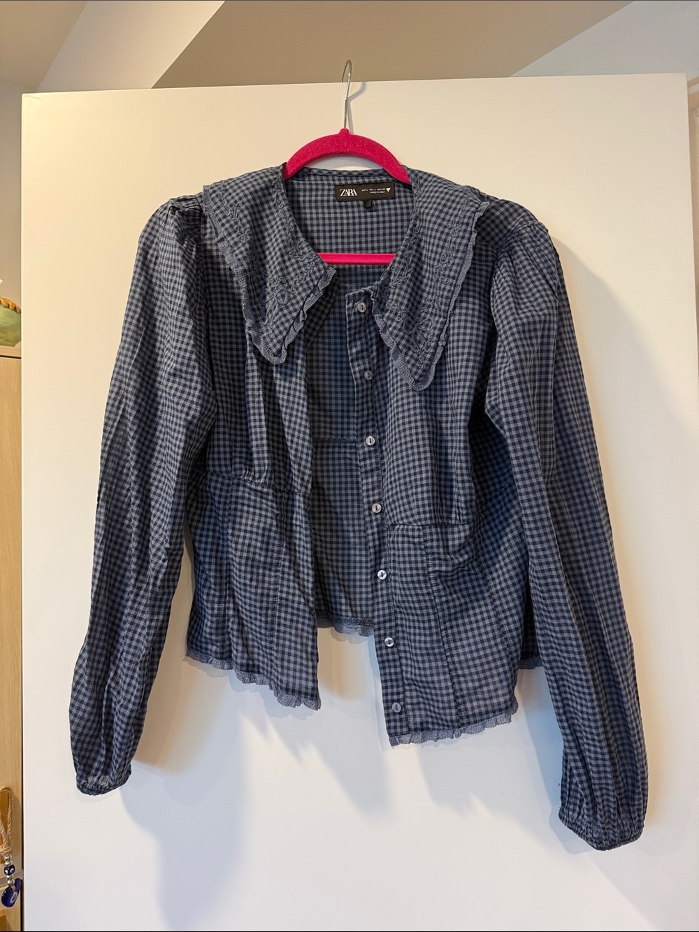 Zara Navy Gingham Ruffled Collar Button-Up Jacket